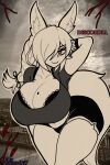  1girl absurdres animal_ear_fluff animal_ears arm_behind_head artist_name breasts bright_pupils cleavage closed_mouth collarbone discordia_(vtuber) fox_ears fox_girl fox_tail hair_over_one_eye highres indie_virtual_youtuber large_breasts long_braid mole mole_on_breast navel red_eyes rosededax short_shorts shorts solo tail virtual_youtuber white_pupils 