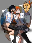  2girls absurdres arms_behind_back bdsm bed bedroom black_hair blanket bleach bondage bound bound2draw bound_arms bound_wrists breasts button_gap cleavage cleave_gag cloth_gag collared_shirt double-parted_bangs gag gagged highres improvised_gag indoors inoue_orihime karakura_high_school_uniform kon_(bleach) kuchiki_rukia large_breasts long_hair multiple_girls orange_hair partially_unbuttoned restrained school_uniform sentient_stuffed_toy shirt short_hair short_sleeves skirt soles stuffed_animal stuffed_lion stuffed_toy unbuttoned unbuttoned_shirt white_shirt wooden_floor 