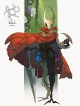  1girl absurdres airisa0 arthropod_girl arthropod_limbs boomerang border cloak crest_(hollow_knight) flower green_background highres hollow_knight hollow_knight:_silksong hornet_(hollow_knight) looking_at_viewer mirror needle needle_(hollow_knight) needle_sword plant_roots prosthesis prosthetic_leg red_cloak solo string syringe throwing_needles torn_clothes white_border white_mask 