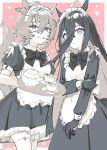  2girls agnes_tachyon_(umamusume) ahoge animal_ears apron black_bow black_bowtie black_dress black_gloves black_hair bow bowtie brown_hair chemical_structure colored_inner_hair cup dress ear_tag earrings embarrassed frilled_apron frills full_body garter_straps gloves hair_between_eyes hand_on_own_arm highres holding holding_plate horse_ears horse_girl horse_tail jewelry long_bangs long_dress long_hair long_hair_between_eyes long_sleeves looking_at_viewer maid_headdress manhattan_cafe_(umamusume) multicolored_hair multiple_girls nochatea parted_lips plate puffy_short_sleeves puffy_sleeves short_hair short_sleeves single_earring smile tail teapot thighhighs umamusume very_long_hair waist_bow white_apron white_bow white_hair white_thighhighs 