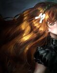  1girl absurdres aegyo_sal black_shirt dim_lighting freckles frilled_sleeves frills hair_flowing_over hair_focus hairband highres ishmael_(project_moon) itsukaonline limbus_company long_hair looking_to_the_side orange_eyes orange_hair out_of_frame project_moon shirt solo very_long_hair wavy_hair 