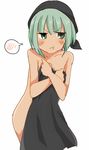  :t bad_id bad_pixiv_id bandana blush breasts cleavage collarbone covering dark_skin gdn0 green_eyes green_hair highres isis-chan isis_(terrorist_group) jitome military no_nose nude original pout short_hair simple_background small_breasts solo spoken_blush white_background 