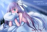  aqua_eyes ass bangs bed blanket blush commentary_request covering_face dated eyebrows_visible_through_hair fate/extra fate/extra_ccc fate_(series) hair_ribbon indoors kimura_shuuichi light_rays long_hair looking_at_viewer lying meltlilith nose_blush nude on_stomach pillow purple_hair ribbon sketch solo twitter_username very_long_hair white_ribbon 