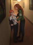  2girls black_jacket black_pants bra breasts cleavage collar commentary english_commentary from_side full_body gohpot green_jacket hallway height_difference indoors jacket jacket_on_shoulders large_breasts lips long_hair long_sleeves low_twintails medium_breasts multiple_girls orange_hair original painting_(object) pants profile shirt short_hair standing twintails underwear undone_necktie undressing undressing_another untying white_shirt wing_collar 