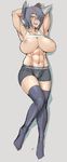  abs bike_shorts breasts commentary_request eyepatch kantai_collection large_breasts mikoyan muscle muscular_female nipples puffy_nipples sharp_teeth teeth tenryuu_(kantai_collection) thighhighs zettai_ryouiki 