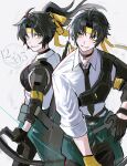 1boy 1girl absurdres armor artist_logo asaba_harumasa asymmetrical_gloves black_gloves black_hair black_necktie black_pants bow_(weapon) choker clothes_around_waist eye_contact facing_viewer from_side genderswap genderswap_(mtf) gloves hashtag-only_commentary headband highres holding holding_bow_(weapon) holding_weapon logo long_hair looking_at_another mismatched_gloves necktie nongxy_nonshi pants parted_bangs ponytail quiver ribbon shirt short_hair shoulder_armor sleeves_rolled_up smile twitter_username weapon white_background white_shirt wristband yellow_eyes yellow_gloves yellow_headband yellow_ribbon zenless_zone_zero 