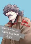  1boy anniversary beard beard_stubble birthday black_coat black_order_uniform blue_background brown_coat coat collared_coat d.gray-man english_text facial_hair froi_tiedoll glasses grey_eyes grey_hair half-closed_eyes happy_anniversary happy_birthday highres layered_clothes long_hair looking_at_viewer low_ponytail male_focus mature_male messy_hair mustache ponytail shirt signature simple_background solo striped_coat stubble twitter_username vertical-striped_coat white_shirt yu_chocochip 