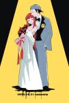 1boy 1girl alternate_costume artist_name backwards_hat bare_shoulders baseball_cap black_bow black_bowtie black_hair black_shoes blue_hat blue_jacket blue_pants blunt_bangs bouquet bow bowtie breasts buzz_cut city_sanzu cleavage closed_eyes closed_mouth commentary dated dress flower full_body hand_in_pocket hat height_difference hetero highres hime_cut holding holding_bouquet husband_and_wife iori_junpei jacket long_dress long_hair pants persona persona_3 red_bow red_flower red_hair shawl shirt shoes short_hair sidelocks sleeveless sleeveless_dress small_breasts smile spaghetti_strap spotlight standing symbol-only_commentary very_short_hair wedding_dress white_dress white_shawl white_shirt yoshino_chidori 