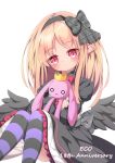  anniversary black_dress black_hairband black_ribbon black_thighhighs black_wings blonde_hair dark_feather_alma dress emil_chronicle_online hairband haneno_hitsuji highres holding holding_stuffed_toy pointy_ears purple_thighhighs red_eyes ribbon ribbon-trimmed_hairband striped_clothes striped_thighhighs stuffed_animal stuffed_rabbit stuffed_toy thighhighs white_background wings 