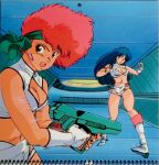  1980s_(style) 2girls blue_hair breasts brown_hair cleavage dirty_pair dokite_tsukasa earrings fingerless_gloves gloves green_eyes gun headband holding holding_gun holding_weapon jewelry kei_(dirty_pair) long_hair looking_at_viewer multiple_girls navel official_art open_mouth red_hair retro_artstyle short_hair weapon yuri_(dirty_pair) 