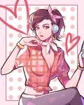  ;) alternate_costume alternate_hairstyle bangs belt blue_pants bracelet breasts brown_eyes brown_hair cleavage closed_mouth cowboy_shot cruiser_d.va d.va_(overwatch) doong earrings eyelashes fingernails front-tie_top hairband hand_to_head hands_up head_scarf headphones heart highres holding hoop_earrings jewelry looking_at_viewer medium_breasts nail_polish neck_ribbon nose one_eye_closed overwatch pants pink_background pink_hairband pink_ribbon plaid plaid_shirt polka_dot polka_dot_background ponytail red_lips red_nails red_shirt ribbon shirt short_hair sitting smile solo swept_bangs tight tight_pants white_belt white_ribbon 