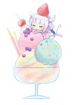  :i ayu_(mog) beads berries black_hairband blush capelet cherry chibi closed_eyes dessert dragon_girl dragon_horns dragon_tail dress food frilled_capelet frills fruit hair_beads hair_ornament hairband horns ice_cream kanna_kamui kobayashi-san_chi_no_maidragon lavender_hair long_hair low_twintails minigirl pocky smile solo sprinkles strawberry sundae tail twintails white_background white_legwear 