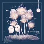  2022 artist_name blue_background blue_theme color_guide commentary_request copyright_notice ghost grass highres holding_hands instagram_username lamp light_particles mushroom no_humans object_focus original picture_frame signature simple_background spin_mayumura star_(symbol) twitter_username weibo_username 