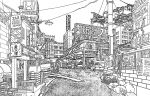  absurdly_detailed_composition absurdres bicycle building car cityscape commentary_request complex_exterior greyscale highres lamppost lineart monochrome motor_vehicle original outdoors pen_(medium) people road scenery sign street traditional_media translation_request yamaguti 