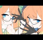 2girls animated animated_gif black-framed_eyewear black_gloves blue-framed_eyewear blue_archive blue_eyes blush bow dthmns dual_persona glasses gloves green_bow hair_bow half_gloves highres long_hair looking_at_viewer multiple_girls official_alternate_costume open_mouth orange_hair plaid_bow pointer semi-rimless_eyewear shimiko_(blue_archive) shimiko_(magical)_(blue_archive) smile under-rim_eyewear 
