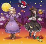  2girls black_capelet black_hat black_skirt blonde_hair bow brown_eyes brown_hair capelet dress fedora flag full_moon hair_bow halloween hat hat_bow hat_ribbon holding holding_flag holding_phone long_sleeves maribel_hearn mob_cap moon multiple_girls mushroom necktie open_mouth phone pumpkin purple_dress ribbon ribbon-trimmed_capelet ribbon-trimmed_skirt ribbon_trim shirt short_hair skirt smile there2007 touhou usami_renko white_bow white_shirt 