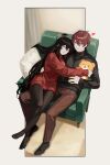  1boy 1girl armchair black_socks black_sweater blush brown_hair chair couple dress hair_bun heart hetero highres husband_and_wife library_of_ruina long_hair lowell_(project_moon) paulcamadonnas project_moon red_dress red_eyes red_hair short_hair sidelocks smile socks stuffed_animal stuffed_toy sweater sweater_dress teddy_bear very_long_hair xiao_(project_moon) 