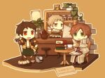  3boys alchemist_(ragnarok_online) book book_stack brown_background brown_eyes brown_hair bucket cafe chair chibi chibi_only closed_mouth commentary_request endo_mame full_body green_eyes mop multiple_boys open_mouth plant potted_plant ragnarok_online red_eyes rogue_(ragnarok_online) sage_(ragnarok_online) short_bangs short_hair simple_background sitting smile standing stool table teapot 
