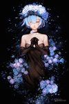  bare_shoulders black_dress black_gloves blue_hair choker dress elbow_gloves flower gloves hair_flower hair_ornament hair_over_one_eye highres md5_mismatch re:zero_kara_hajimeru_isekai_seikatsu rem_(re:zero) resized robot_cat short_hair solo strapless strapless_dress upscaled 