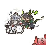  &gt;_&lt; 1boy 2girls ahoge animal_ears arknights armor banbon bare_shoulders bird_ears bird_girl black_hair blush cat_ears commentary_request crystal_tail detached_wings dress energy_wings fiammetta_(arknights) full_armor full_body green_dress green_hair grey_halo halo helmet huge_ahoge korean_commentary mon3tr_(arknights) multicolored_hair multiple_girls open_mouth red_hair running sankta_miksaparato_(arknights) simple_background sitting sleeves_past_fingers sleeves_past_wrists sweatdrop tail wheelchair white_background wings 
