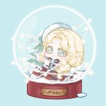  1girl :o animated animated_gif aqua_eyes beret blinking blonde_hair blue_background braid brown_ribbon brown_shoes buttons chibi chinese_commentary commentary_request expressionless eyelashes frosty_wish_(shining_nikki) fur-trimmed_sleeves fur_hat fur_trim hair_over_shoulder hat in_snow_globe light_blush long_hair long_skirt long_sleeves looking_ahead looping_animation mittens neck_ribbon nikki_(series) open_mouth outstretched_arm parted_bangs parted_lips pine_tree plaid_clothes plaid_skirt pom_pom_(clothes) red_skirt ribbon shining_nikki shoes simple_background single_braid sitting skirt snow snow_globe snowflake_in_eye snowing snowman sweater tareme tree very_long_hair white_hat white_mittens white_sweater xiaoyu_qixing 