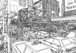  absurdly_detailed_composition absurdres car commentary_request complex_exterior crosswalk greyscale highres lineart monochrome motor_vehicle original outdoors pen_(medium) people road road_sign scenery sign street traditional_media traffic urban yamaguti 
