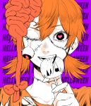  1girl absurdres biting brain candy chainsaw_man cosmo_(chainsaw_man) dangling_eye exposed_brain food hair_between_eyes haru_rice heart heart-shaped_pupils highres holding holding_candy holding_food holding_lollipop lollipop looking_at_viewer low_twintails orange_hair orange_shirt shirt solo stitched_face stitched_neck stitches symbol-shaped_pupils teeth twintails 