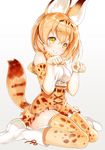  animal_ears blush boots bow bowtie breasts elbow_gloves extra_ears eyebrows_visible_through_hair gloves highres kemono_friends looking_at_viewer orange_bow orange_gloves orange_hair orange_legwear orange_neckwear serval_(kemono_friends) serval_ears serval_print serval_tail short_hair sibyl small_breasts smile solo tail thighhighs yellow_eyes 