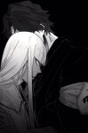  2boys aizen_sousuke black_background bleach blunt_bangs commentary_request from_side greyscale haori highres hirako_shinji japanese_clothes long_hair male_focus monochrome multiple_boys short_hair siji105 simple_background taichou_haori 
