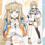  1girl :3 absurdres ahoge animal_collar animal_ears ankle_socks artist_name asymmetrical_legwear belt belt_around_waist black_dress black_shorts black_socks black_thighhighs blonde_hair blue_collar blue_eyes blue_jacket blue_shoes breasts character_request chest_belt clenched_hands clothing_cutout collar collarbone commentary commission contrapposto cowboy_shot crop_top crop_top_overhang cropped_hoodie cropped_jacket cross-shaped_pupils diamond_cutout dog_ears dog_girl dot_nose double-parted_bangs dress ears_down excited eyebrows_hidden_by_hair fang full_body hair_intakes hair_ornament hand_on_own_hip head_tilt highres hood hoodie indie_virtual_youtuber jacket komerina light_blush long_eyelashes long_hair long_sidelocks long_sleeves looking_at_viewer microdress multicolored_jacket multicolored_shoes multiple_views off-shoulder_dress off_shoulder open_clothes open_jacket open_mouth orange_belt orange_jacket orange_shoes puffy_long_sleeves puffy_sleeves raised_eyebrows shoes short_hair short_shorts shorts shorts_under_dress side_slit sidelocks signature single_off_shoulder skeb_commission skin_fang small_breasts smile sneakers socks sparkling_eyes striped_clothes striped_jacket symbol-shaped_pupils thick_eyelashes thigh_strap thighhighs thighs translated two-tone_dress underbust vertical-striped_clothes vertical-striped_jacket white_background white_dress white_jacket white_shoes 