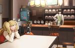  1girl amamiya_ren apron barista black_hair blonde_hair blue_eyes cafe cat chair chin_rest coffee_beans cup jacket jar kettle letterman_jacket minato_(robin) morgana_(persona_5) persona persona_5 refrigerator sitting smile takamaki_anne teacup twintails 