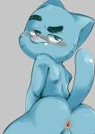  2019 anthro anus blue_fur blush butt cartoon_network cat cub dandi feline fur grey_background gumball_watterson half-closed_eyes looking_back male mammal nude simple_background solo the_amazing_world_of_gumball young 