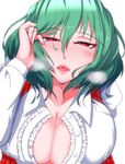  adjusting_hair bangs blush breasts cleavage collared_shirt colored_eyelashes commentary_request eyebrows_visible_through_hair green_hair hair_between_eyes hand_in_hair heart heart-shaped_pupils heavy_breathing highres incoming_kiss kazami_yuuka kiss_day large_breasts leaning_forward looking_at_viewer nose_blush open_clothes open_shirt pink_lips plaid plaid_vest red_eyes red_vest s-m!le_yuu saliva shiny shiny_hair shiny_skin shirt short_hair simple_background slit_pupils solo symbol-shaped_pupils tongue touhou upper_body vest white_background white_shirt 