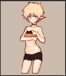  adapted_costume artist_request bike_shorts black_border blonde_hair blue_eyes border breast_hold breasts choker creator_(dungeon_and_fighter) dungeon_and_fighter eyewear_removed glasses navel pixel_art pointy_ears short_hair simple_background small_breasts solo strapless tubetop 