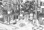  absurdly_detailed_composition absurdres building car commentary_request complex_exterior greyscale highres lamppost lineart monochrome motor_vehicle no_humans original outdoors pen_(medium) power_lines road road_sign scenery sign street traditional_media translation_request urban yamaguti 