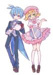  1boy 1girl :d amitie_(puyopuyo) asymmetrical_gloves black_jacket black_pants blonde_hair blue_eyes blue_hair blush brown_gloves brown_shoes collared_shirt commentary_request cup full_body futaba969649 gloves green_eyes hair_between_eyes hand_up hat heterochromia holding holding_cup holding_teapot holding_tray jacket kneehighs long_sleeves looking_at_viewer mismatched_gloves open_clothes open_jacket open_mouth pants pink_hat pink_skirt puyopuyo red_eyes shirt shoes short_hair sig_(puyopuyo) simple_background skirt smile socks standing tailcoat teacup teapot tray white_background white_gloves white_shirt white_socks 