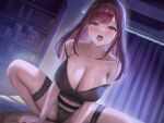  1boy 1girl absurdres air_conditioner bare_arms bed bed_sheet black_camisole black_panties blush bookshelf breasts brown_hair camisole cleavage collarbone covered_nipples curtains double_strap_slip garter_belt girl_on_top highres indoors large_breasts long_hair looking_at_viewer navel night on_bed open_mouth original panties purple_eyes sakamuke sidelocks spread_legs squatting strap_slip underwear upper_body wet 