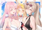  3girls above-cleavage_cutout angel_wings animal_ears aviator_sunglasses backless_outfit bikini black_one-piece_swimsuit blonde_hair blue_archive blush breasts brown-tinted_eyewear cleavage closed_eyes clothing_cutout commentary diamond_cutout english_commentary eyewear_on_head feathered_wings fox_ears fox_girl frilled_bikini frills halo halterneck jacket large_breasts long_hair looking_at_viewer microphone mika_(blue_archive) mika_(swimsuit)_(blue_archive) multiple_girls nagisa_(blue_archive) nagisa_(swimsuit)_(blue_archive) official_alternate_costume official_alternate_hairstyle one-piece_swimsuit orange-tinted_eyewear pink_hair pink_halo ponytail revolverwing seia_(blue_archive) seia_(swimsuit)_(blue_archive) sunglasses swimsuit tea_party_(blue_archive) tinted_eyewear visor_cap white_bikini white_one-piece_swimsuit white_wings wings yellow_halo yellow_jacket yellow_visor 