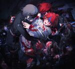  2girls 2others 4boys :d adversarial_noise ahoge aotsuki_eito arm_around_waist armband black_bow black_hairband black_jacket black_pants black_streaks blood blood_on_clothes blood_on_face blood_on_gloves blue_hair blue_jacket bow bright_pupils commentary_request corpse double_bun dual_persona gakuran gloves grey_hair grey_jacket hair_bun hairband highres hood hoodie jacket jacket_over_hoodie kirifuji_nozomi last_defense_academy_school_uniform long_hair looking_at_viewer male_focus multicolored_hair multicolored_jacket multiple_boys multiple_girls multiple_others omokage_yugamu open_clothes open_jacket out_of_frame pants pink_hair possessed reaching reaching_towards_another red_hair school_uniform short_hair smile spoilers streaked_hair sumino_takumi the_hundred_line_-last_defense_academy- tsukumo_kako twintails two-tone_jacket watermark white_armband white_gloves white_hoodie white_pupils ziling zombie 