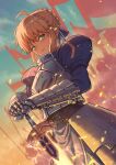  1girl ahoge armor armored_dress artoria_pendragon_(fate) blue_dress breastplate closed_mouth commentary_request dress excalibur_(fate/stay_night) fate/stay_night fate_(series) gao_wei gauntlets green_eyes juliet_sleeves long_sleeves looking_at_viewer puffy_sleeves saber_(fate) solo sword weapon 