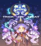  1girl black_hat black_robe cowboy_shot gradient_background halloween hat nakayama_tooru original purple_eyes purple_hair robe simple_background solo trick_or_treat witch_hat 
