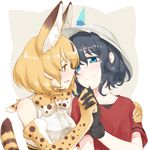  animal_ears black_hair blonde_hair blue_eyes blush commentary elbow_gloves gloves hand_on_another's_shoulder happy_tears hat holding_hands interlocked_fingers kaban_(kemono_friends) kemono_friends looking_at_another multiple_girls neck_ribbon ribbon sakuraba_yuuki serval_(kemono_friends) serval_ears serval_print serval_tail short_hair smile tail tears yellow_eyes yuri 