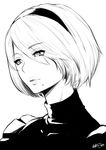  bangs eyebrows_visible_through_hair greyscale hairband lineart mole mole_under_mouth monochrome nanahime nier_(series) nier_automata no_blindfold parted_lips short_hair signature simple_background solo thick_lips white_background yorha_no._2_type_b 