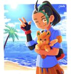  1girl 5xichi :&lt; absurdres beach black_gloves black_hair blue_sky border closed_mouth cloud commentary_request dark-skinned_female dark_skin day dot_nose elbow_gloves eyelashes fingerless_gloves freckles gloves green_hair highres holding holding_pokemon multicolored_hair naranja_academy_school_uniform nemona_(pokemon) no_lineart one_eye_closed orange_eyes orange_shorts outdoors palm_tree pawmi pokemon pokemon_(creature) pokemon_sv ponytail sand school_uniform shirt shore short_sleeves shorts signature single_elbow_glove single_fingerless_glove sky smile sun tree two-tone_hair w water white_border white_shirt 