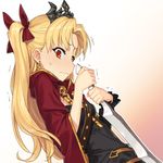  bangs blonde_hair blush breasts cape earrings ereshkigal_(fate/grand_order) fate/grand_order fate_(series) gold_trim hair_ribbon holding holding_weapon ikezawa_shin jewelry long_hair red_cape red_eyes red_ribbon ribbon small_breasts solo sweat tiara twintails weapon 