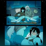  2girls ahoge beer_can bike_shorts black_hair blush breasts bronya_rand brown_sweater can closed_mouth commentary couch drink_can drunk ear_piercing english_commentary english_text ftersdr highres honkai:_star_rail honkai_(series) hood hoodie long_hair medium_breasts multiple_girls on_floor open_mouth piercing seele_(honkai:_star_rail) smile straddling sweat sweater twitter_username undressing white_hair yuri 