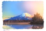  blue_sky commentary_request day grass highres hirota_(masasiv3) lake mount_fuji mountain multicolored multicolored_sky nature no_humans original outdoors reflection scenery signature sky sunset tree 