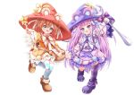  2girls animal_ears bag bear_ears bear_girl blue_ribbon blue_thighhighs boots brown_boots brown_hair dress dumpty_alma emil_chronicle_online fork grey_eyes hair_ribbon haneno_hitsuji hat highres holding holding_fork holding_wand multiple_girls neck_ribbon orange_dress purple_boots purple_dress purple_eyes purple_hair purple_hat purple_ribbon purple_thighhighs puzzle_&amp;_dragons red_hat red_ribbon ribbon shoulder_bag standing standing_on_one_leg star_wand striped_clothes striped_thighhighs thighhighs tiny_alma wand white_background white_ribbon white_thighhighs witch_hat 