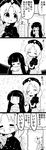  3girls 4koma :3 =_= absurdres animal_ears bangs blank_eyes blunt_bangs bow braid brush bunny bunny_ears closed_eyes comic commentary doorway drawer dress futa_(nabezoko) greyscale hair_bow hair_brushing hair_ribbon headdress heart highres hime_cut holding holding_hair houraisan_kaguya long_hair long_sleeves monochrome multiple_girls necktie open_mouth reisen_udongein_inaba ribbon robe rubbing_eyes short_sleeves smile sparkle sweatdrop test_tube touhou translated yagokoro_eirin 