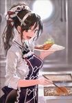  :d adapted_costume alternate_hairstyle annotated apron ashigara_(kantai_collection) bangs blurry bob_(biyonbiyon) brown_eyes brown_hair chopsticks collared_shirt cooking cooking_oil curry curry_rice depth_of_field fangs food frilled_apron frills from_side hair_between_eyes hair_up hairband holding holding_chopsticks holding_plate kantai_collection katsu_(food) long_hair looking_at_viewer official_art open_mouth plate ponytail porthole raised_eyebrow remodel_(kantai_collection) rice shirt sidelocks signal_flag sleeves_folded_up smile solo steam teeth upper_body wavy_hair white_shirt window 